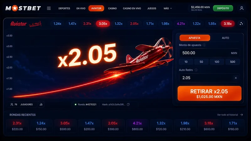 Panel de apuesta y multiplicador de Aviator en Mostbet