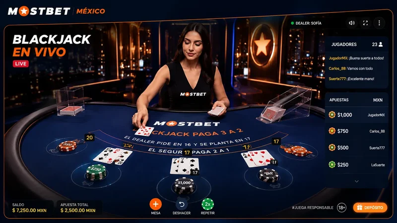 Blackjack en vivo con crupier real en Mostbet