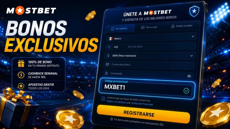 Campo de código promocional MXBET1 en el registro de Mostbet