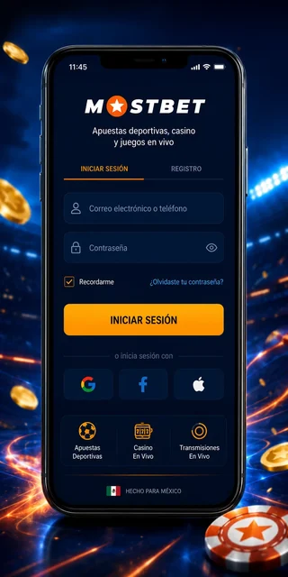Pantalla de inicio de sesión de la app de Mostbet